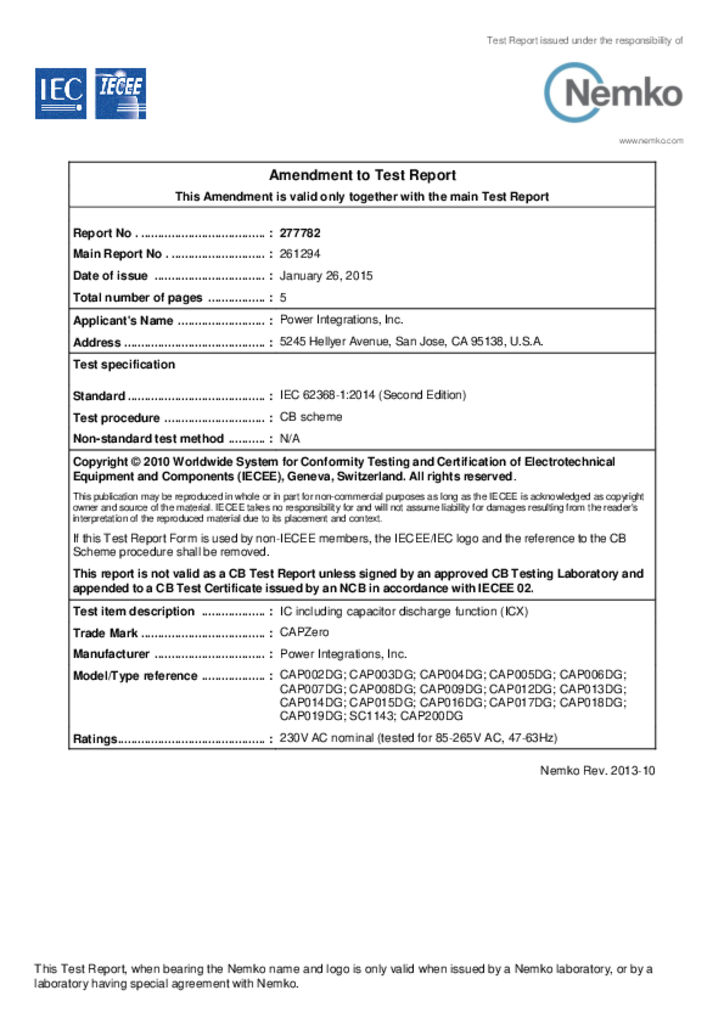 IEC 62368-1 CB Test Report Amendment | Power Integrations